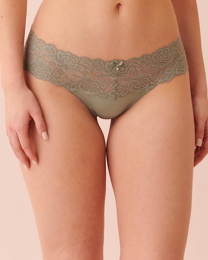 la Vie en Rose Women’s Forest green Microfiber and Wide Lace Band Thong Panty