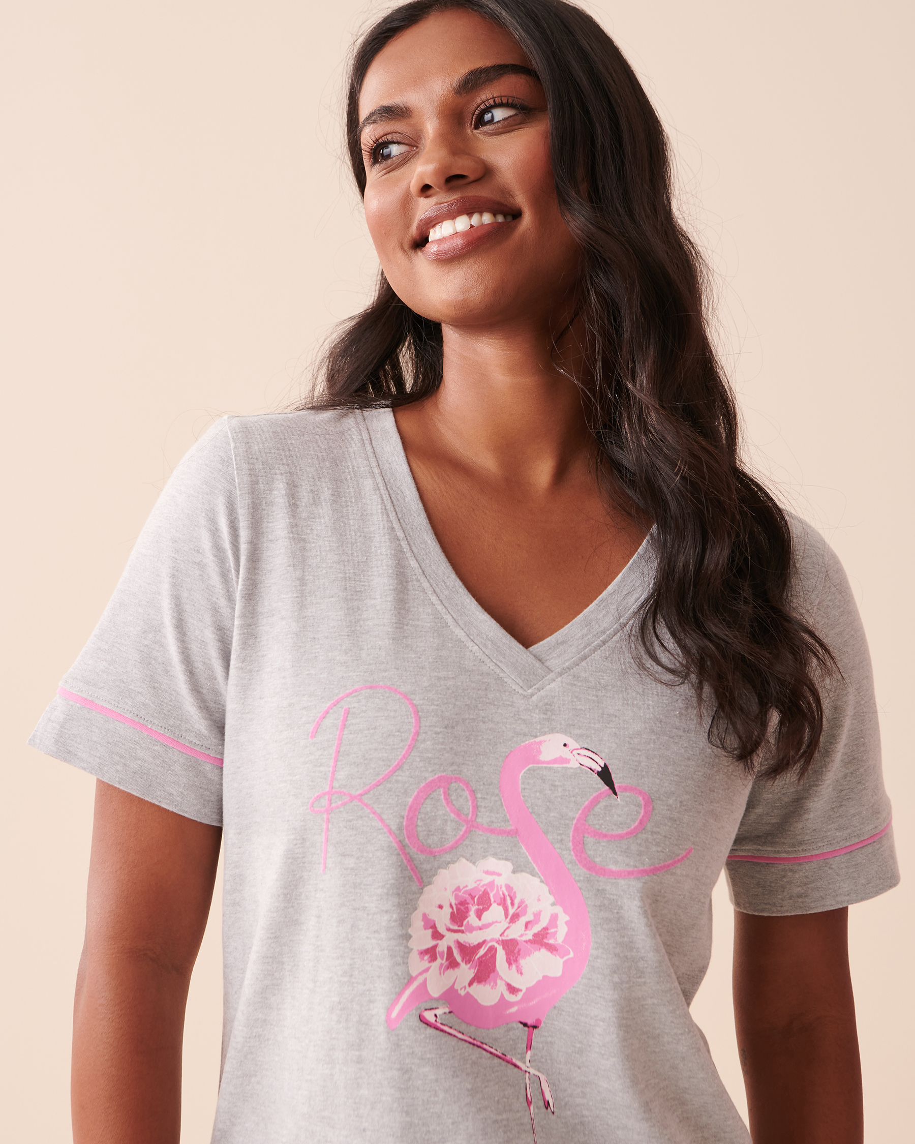 la Vie en Rose Women’s Dusty Grey Cotton Pink Flamingo Sleepshirt