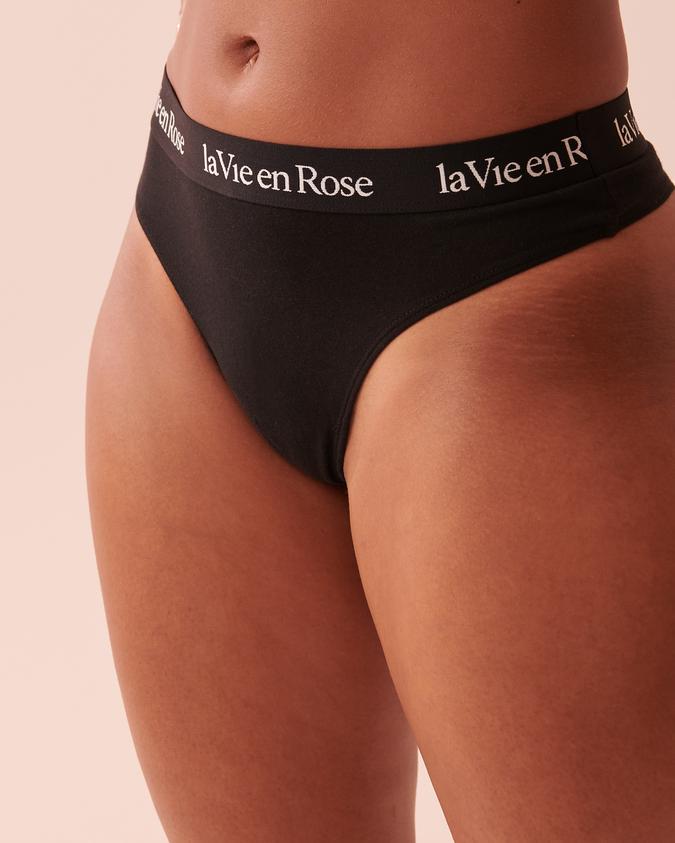 la Vie en Rose Women’s Black Cotton and Logo Elastic Band Thong Panty
