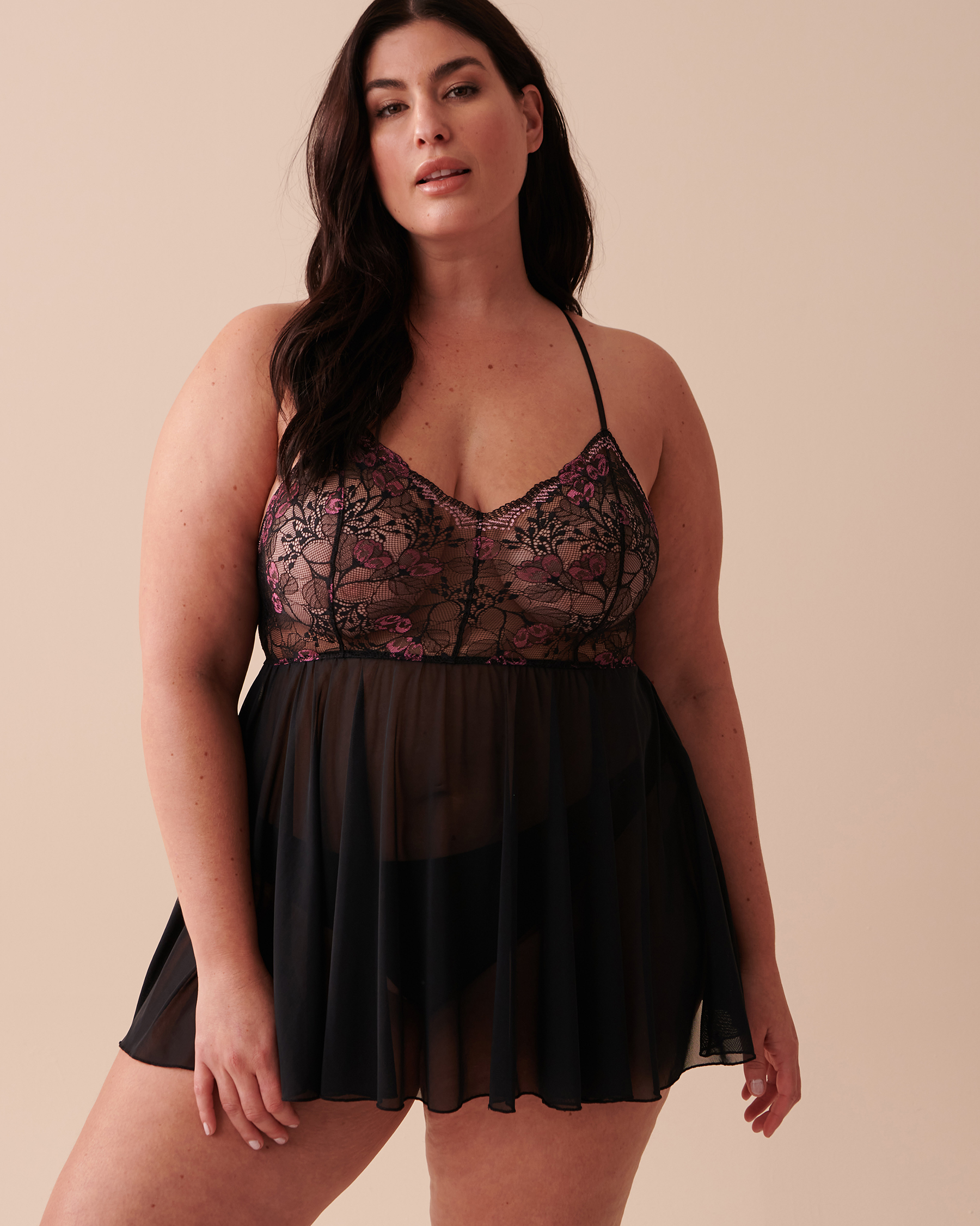 la Vie en Rose Women’s Black Embroidered Lace and Mesh Babydoll