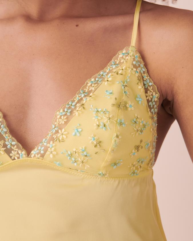 la Vie en Rose Women’s Yellow embroidery Satin Cami with Embroidery