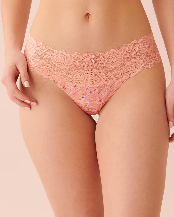 la Vie en Rose Women’s Peachy floral Microfiber and Wide Lace Band Thong Panty