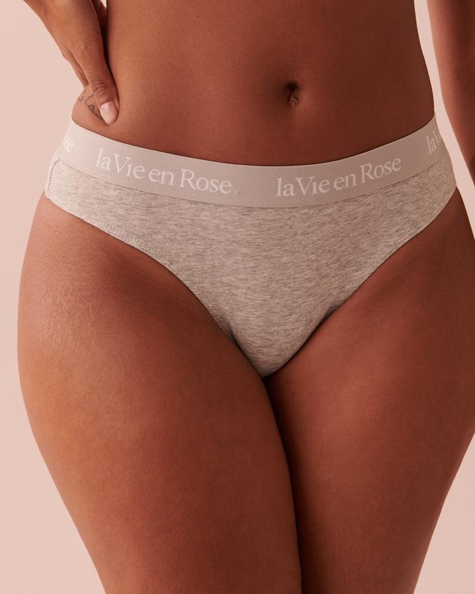 la Vie en Rose Women’s Grey Cotton and Logo Elastic Band Thong Panty
