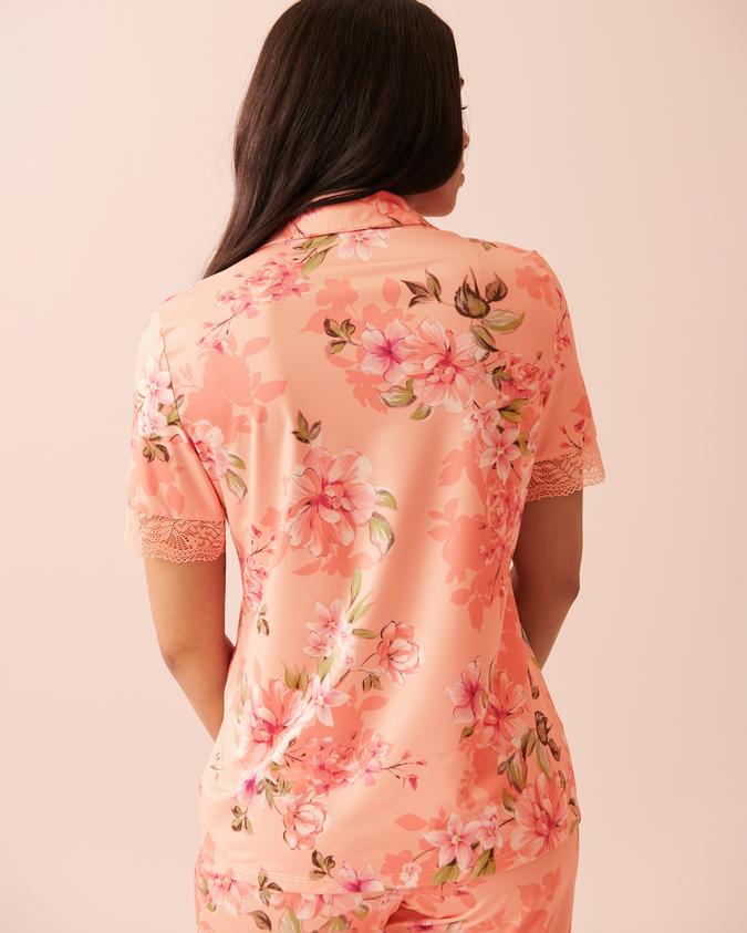 la Vie en Rose Women’s Peachy floral Recycled Fibers Lace Trim Short Sleeve Button-down Shirt