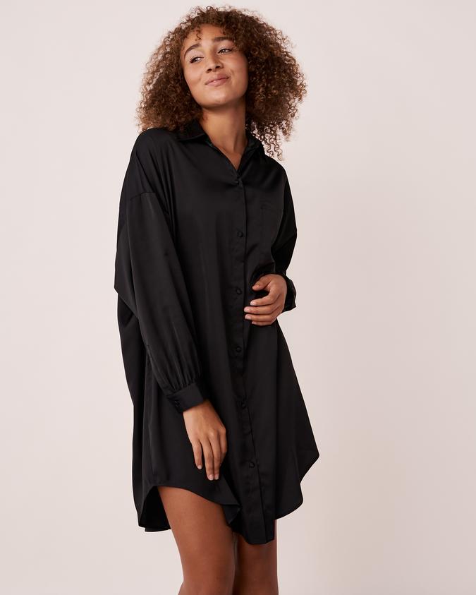 la Vie en Rose Women’s Black Oversized Satin Button-down Sleepshirt