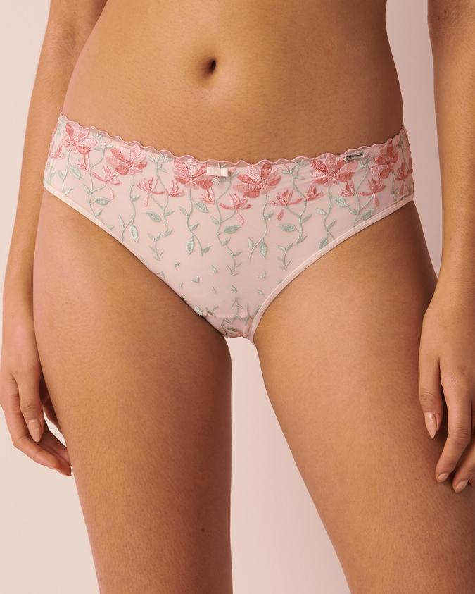 la Vie en Rose Women’s Embroidered flowers Microfiber Sleek Back Bikini Panty