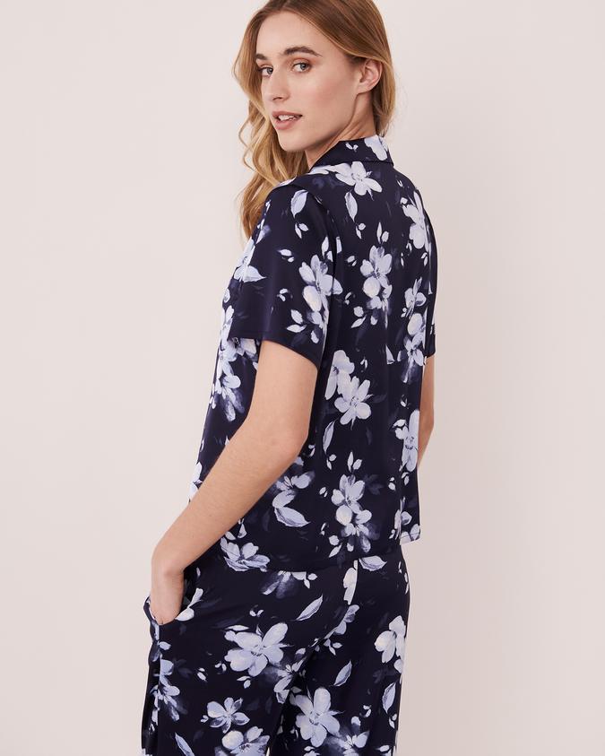 la Vie en Rose Women’s Navy floral Satin and Lace Trim Button-down Shirt