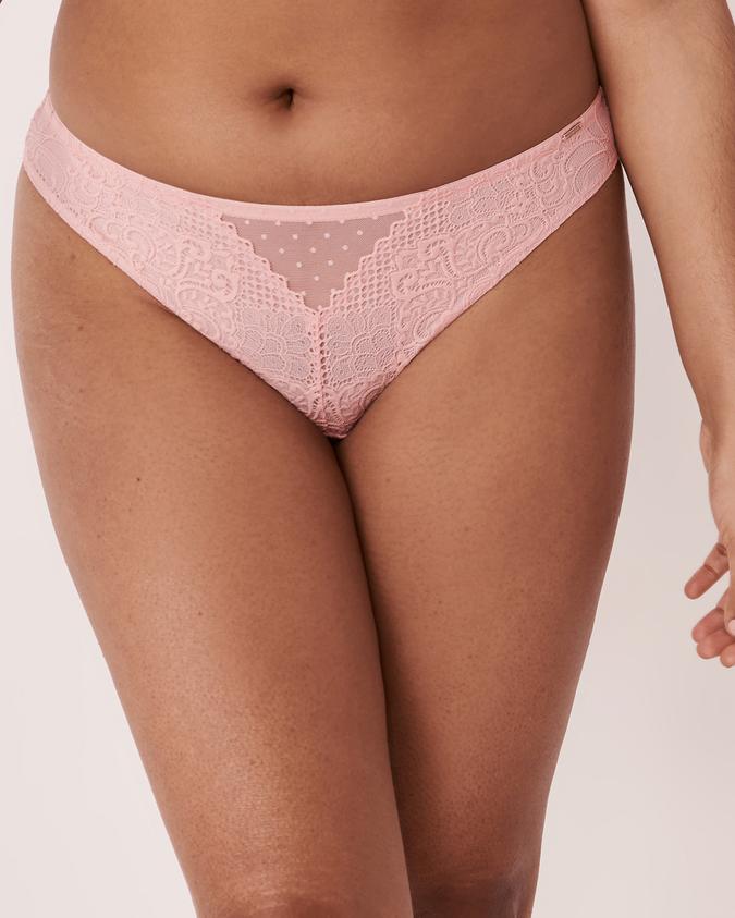 la Vie en Rose Women’s Spring pink Lace and Mesh Brazilian Panty