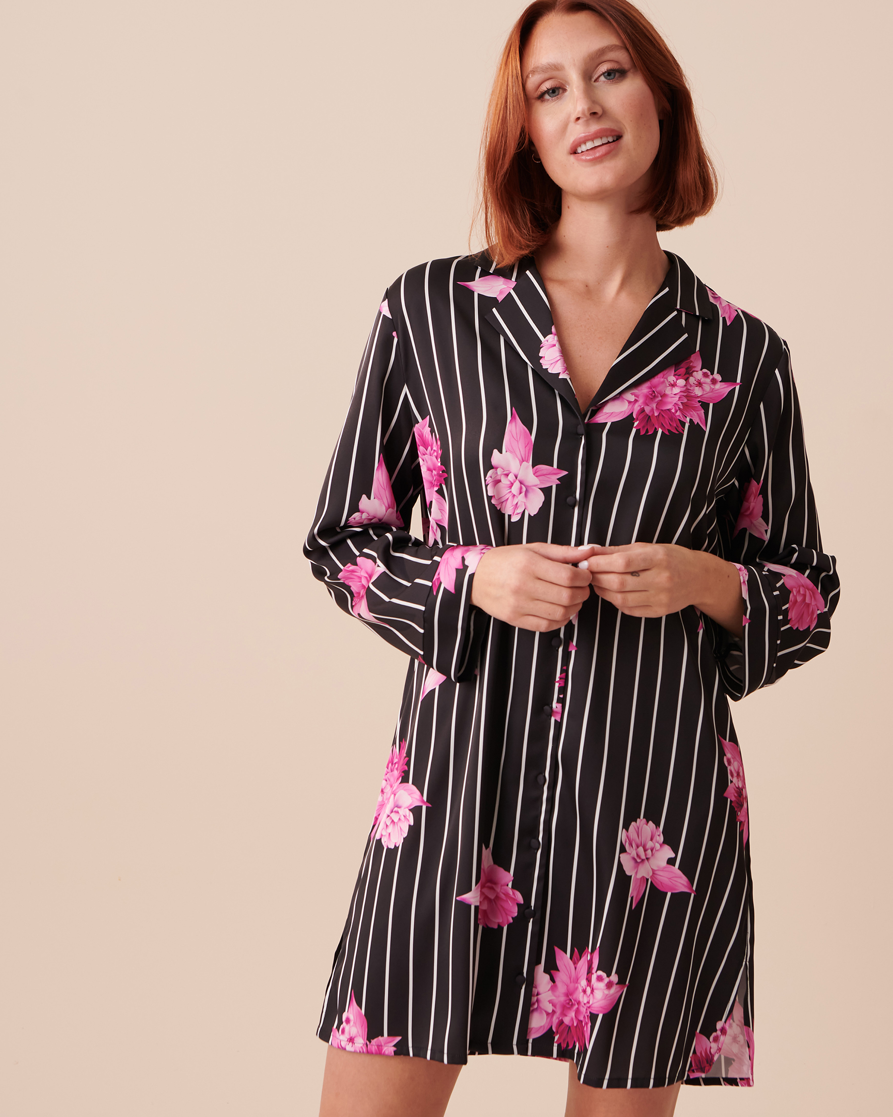 la Vie en Rose Women’s Bold Stripes Satin Button-down Sleepshirt
