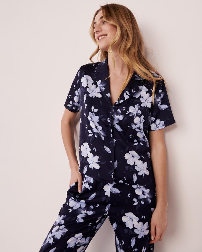 la Vie en Rose Women’s Navy floral Satin and Lace Trim Button-down Shirt