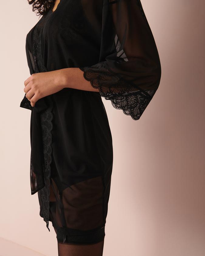 la Vie en Rose Women’s Black Lace Trim Mesh Kimono