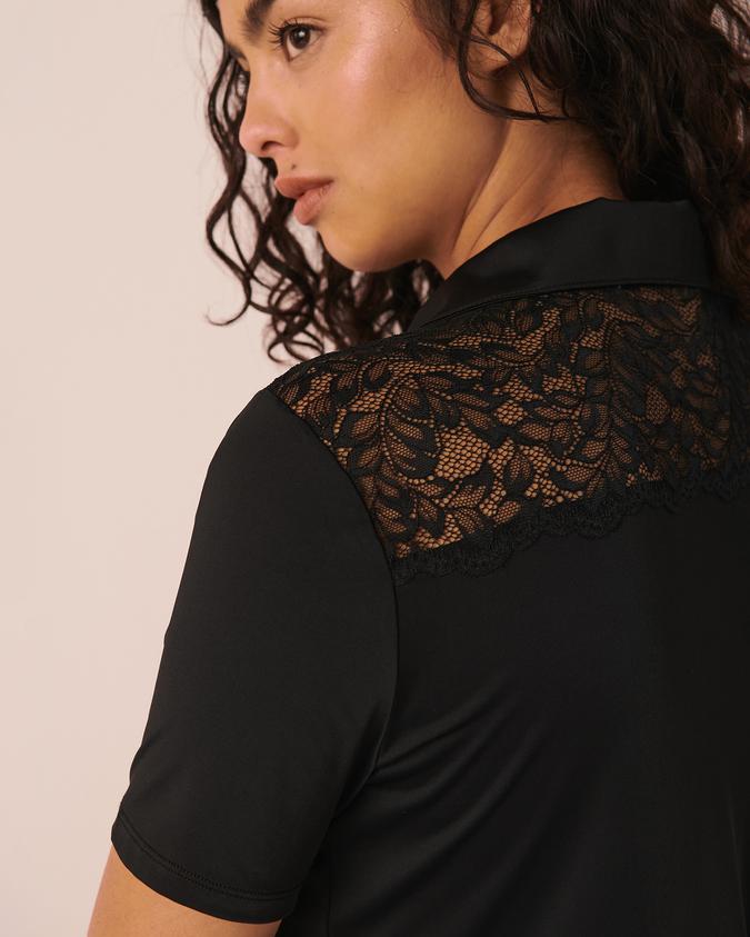 la Vie en Rose Women’s Black Lace Detail Short Sleeve Button-down Shirt