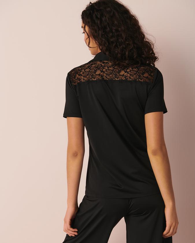 la Vie en Rose Women’s Black Lace Detail Short Sleeve Button-down Shirt