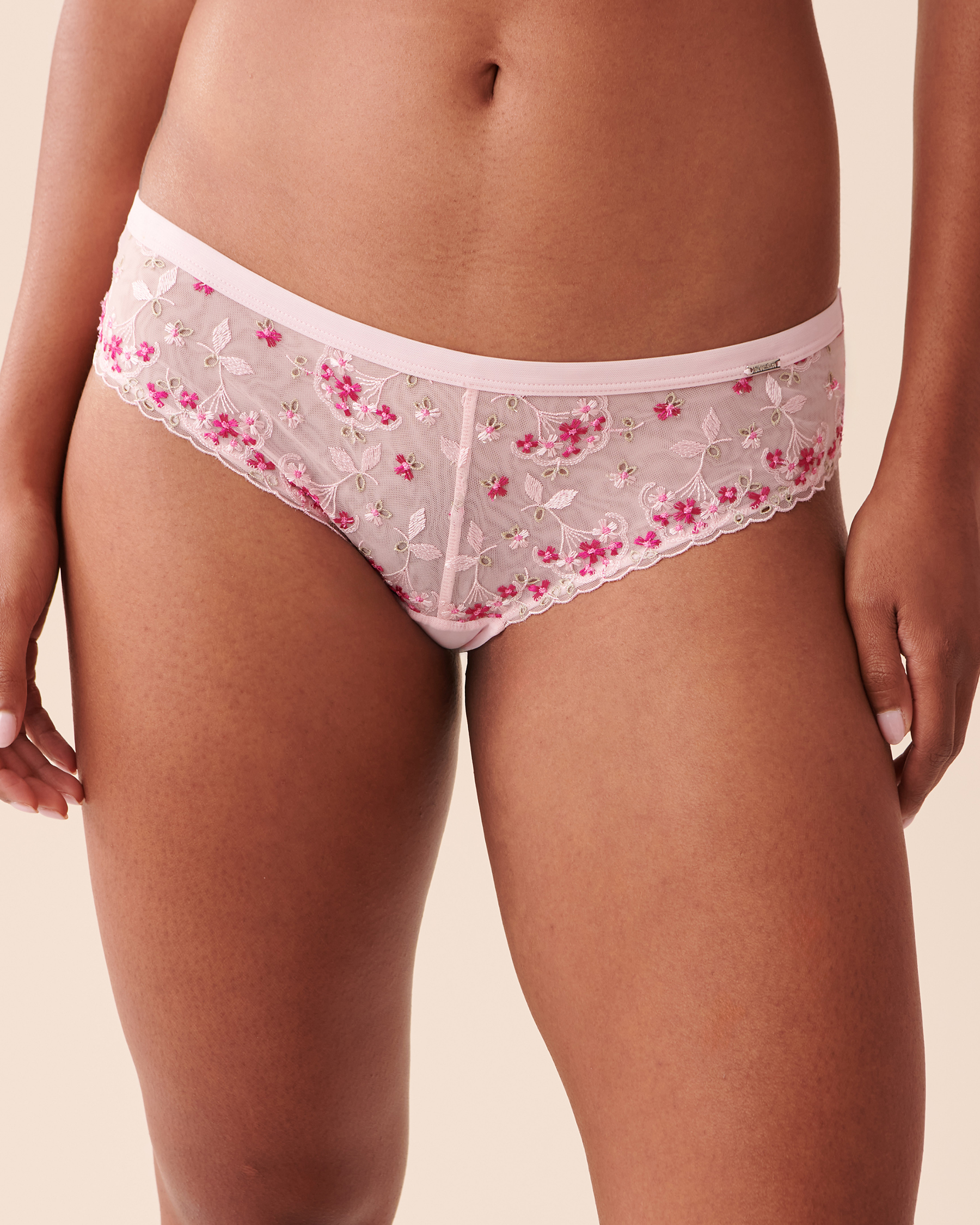 la Vie en Rose Women’s Pink Floral Embroidery Embroidered Mesh Cheeky Panty