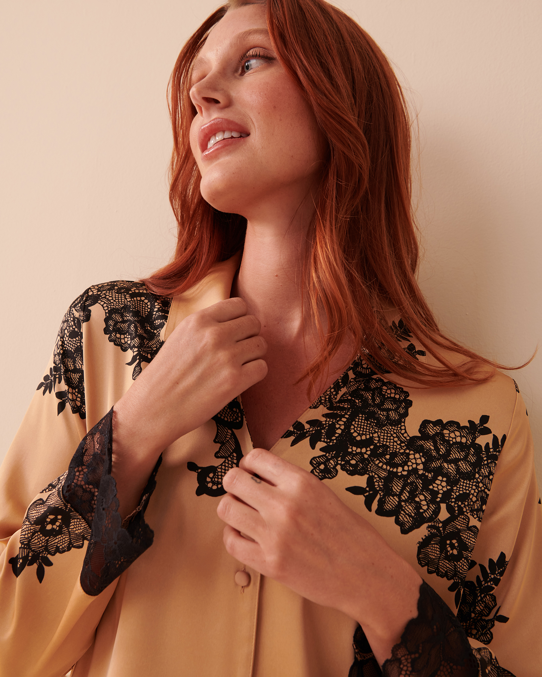 la Vie en Rose Women’s Floral Caramel Satin and Lace Long Sleeve Button-down Shirt